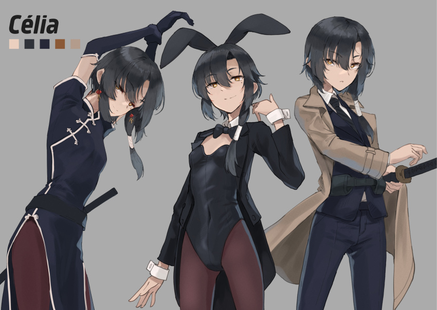 1girl absurdres animal_ears black_bow black_bowtie black_corset black_hair black_jacket black_necktie black_pantyhose blue_dress blue_gloves blue_jacket blue_pants bow bowtie brown_jacket celia_(dreadtie) china_dress chinese_clothes coat corset dreadtie dress elbow_gloves fake_animal_ears gloves grey_background highres jacket looking_at_viewer multiple_views necktie orange_hair original pants pantyhose playboy_bunny shirt smile stretching sword trench_coat weapon white_shirt