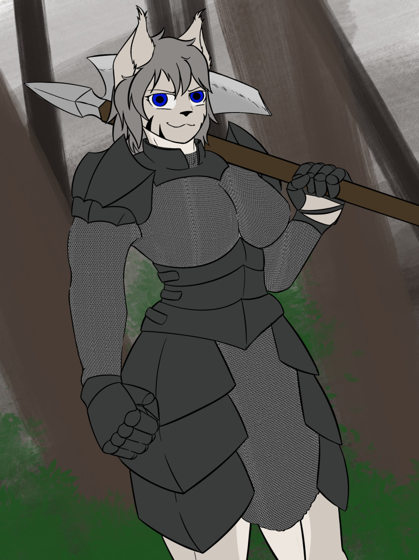 absurd_res anthro armor athletic athletic_anthro axe axolotl_team big_breasts blue_eyes bobcat breasts chainmail clothed clothing digital_media_(artwork) domestic_cat eyebrows felid feline felis female forest forest_background fur gloves grey_armor grey_clothing grey_topwear hair handwear headgear hi_res holding_object huge_breasts looking_at_viewer lynx mammal melee_weapon multicolored_clothing muscular muscular_anthro narrowed_eyes nature nature_background outside plant shira_elinit smile smug smug_face smug_grin solo thick_thighs topwear tree two_tone_clothing weapon white_body white_fur