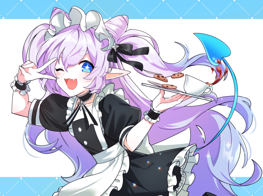 1girl apron blue_background blush coffee_mug cookie cup demon_girl demon_tail elsword fang food half_updo highres long_hair looking_at_viewer luciela_r._sourcream maid maid_apron maid_headdress mug open_mouth pointy_ears purple_hair sasa_(sa1008va) short_sleeves smile solo star_(symbol) star_in_eye symbol_in_eye tail tray twintails