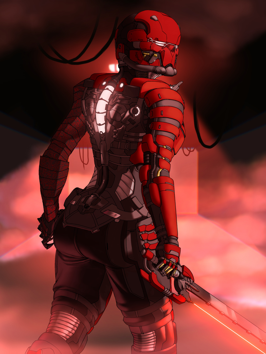 armor assault_visor crossover day_of_wrath_(infinitypilot) dead_space demon demon_girl doom_(2016) doom_(series) elite_guard_(doom) energy_blade energy_sword energy_weapon fog helmet highres holding holding_sword holding_weapon horror_(theme) marker_(dead_space) plasma_cutter plasma_sword red_armor ruby_taylor_(day_of_wrath) sbigbro science_fiction smoke steam sword visor_(armor) weapon