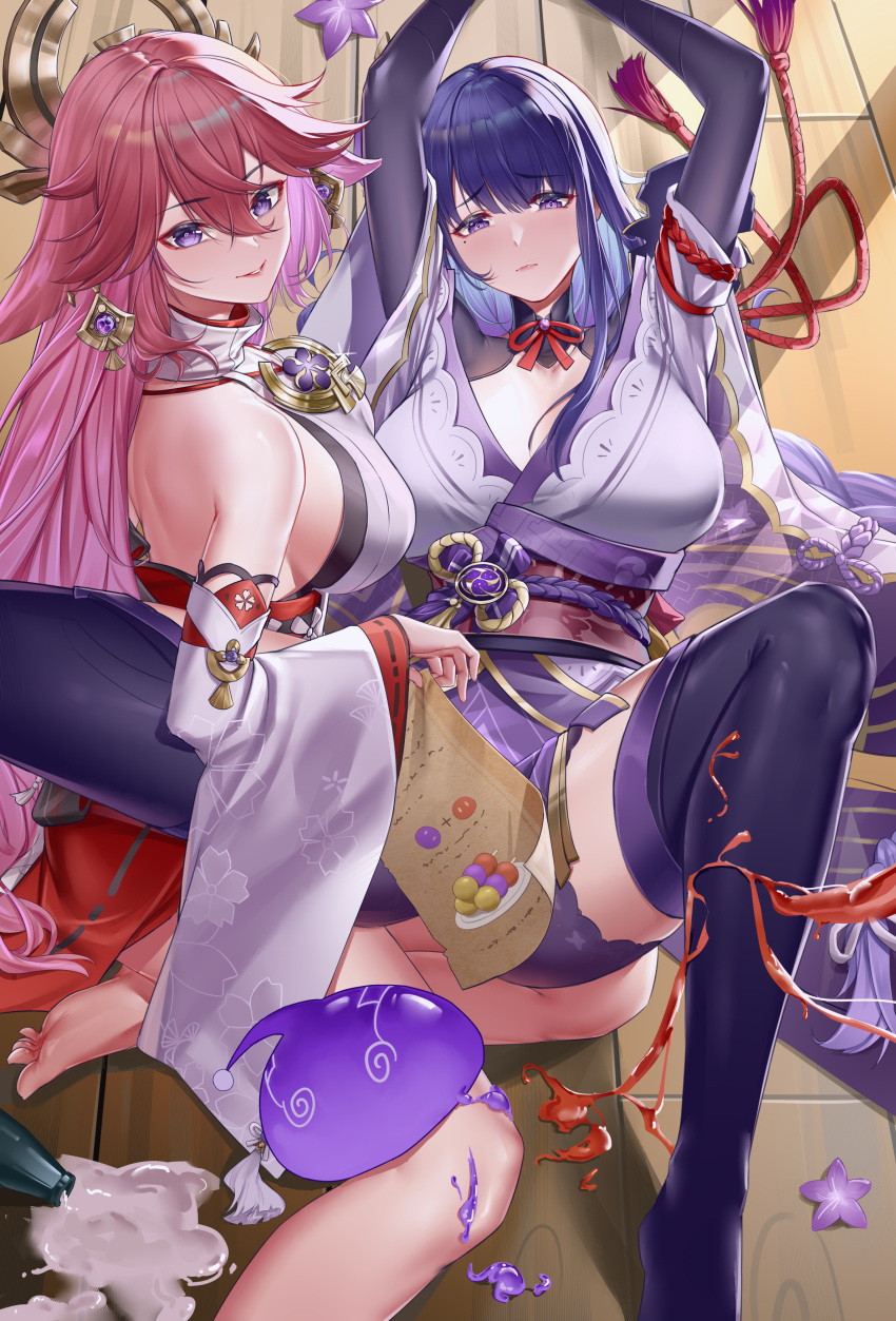 2girls absurdres animal_ears arms_up bare_back bare_legs bare_shoulders blunt_ends blush braid braided_ponytail breasts bridal_gauntlets cleavage detached_sleeves earrings evil_smile facing_to_the_side floppy_ears flower genshin_impact hair_between_eyes hair_ornament highres holding holding_paper japanese_clothes jewelry kimono large_breasts legs_up long_hair looking_ahead lying mitsudomoe_(shape) mole mole_under_eye multiple_girls neck_ribbon nontraditional_miko obi obiage obijime panties paper parted_lips pink_hair purple_eyes purple_flower purple_hair purple_kimono purple_panties purple_thighhighs raiden_shogun ribbon sash shirt sideboob sidelocks sitting sleeveless sleeveless_shirt slime_(genshin_impact) smile spill spread_legs thighhighs tomoe_(symbol) tu_er_tm turtleneck underwear vision_(genshin_impact) white_shirt wide_sleeves yae_miko yokozuwari yuri