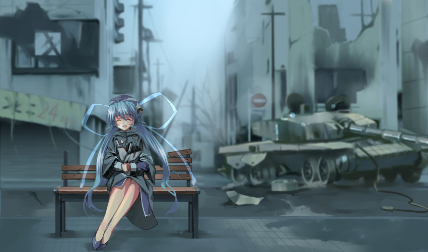 1girl :d ^_^ bare_tree bench black_coat black_footwear blue_hair blue_ribbon blurry blurry_background blush bouquet cityscape closed_eyes coat commentary hair_between_eyes hair_ribbon highres holding holding_bouquet hoshino_yumemi legs_together long_hair long_ribbon longmei_er_de_tuzi low_twintails military_vehicle motor_vehicle open_mouth own_hands_together planetarian post-apocalypse ribbon robot_ears scenery sitting sitting_on_bench smile solo tank tree twintails very_long_hair wide_shot