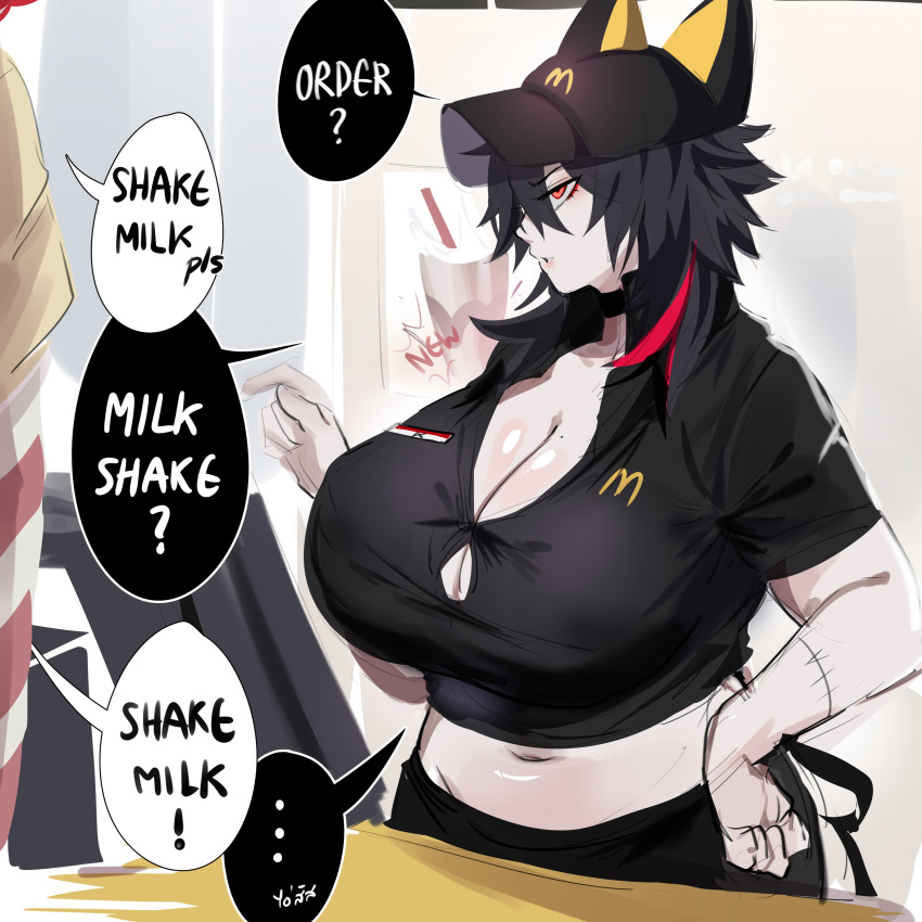 ! ... 1girl 1other ? absurdres animal_ears apron black_hair breasts cashier english_text fake_animal_ears hand_on_own_hip hat highres huge_breasts iced_latte_with_breast_milk_(meme) kurenaiz_(kuayrenaiz) large_breasts mcdonald's meme mole mole_on_breast navel pale_skin poster_(object) red_eyes ronald_mcdonald sexually_suggestive speech_bubble spiked_hair