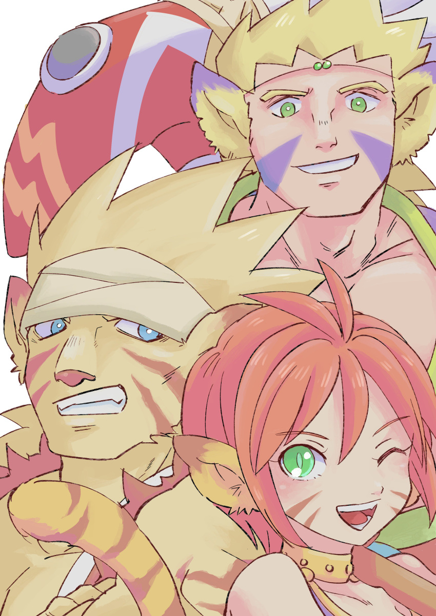 1girl 2boys absurdres animal_ears blonde_hair breath_of_fire breath_of_fire_ii breath_of_fire_iii breath_of_fire_iv cat_ears cat_tail cray_(breath_of_fire) damegamega facial_mark highres looking_at_viewer monster_girl multiple_boys one_eye_closed open_mouth orange_hair pointy_ears rei_(breath_of_fire) rinpoo_chuan short_hair simple_background smile tail white_background