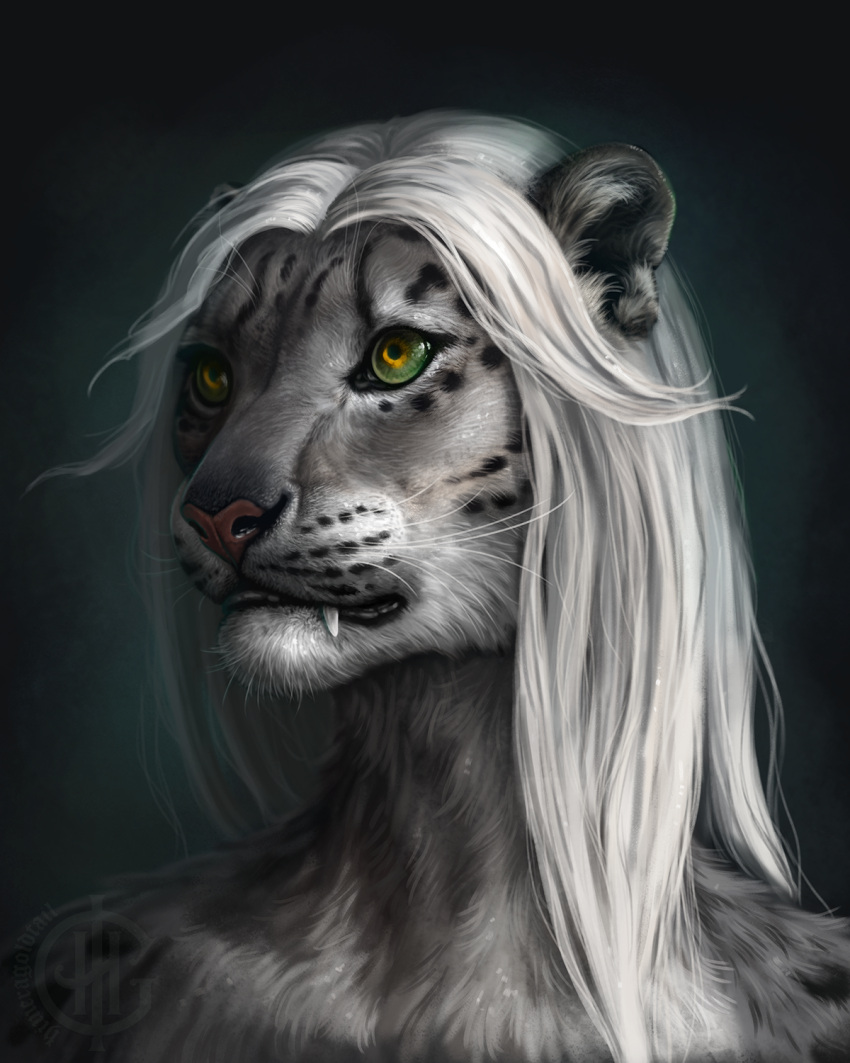 anthro artist_logo artist_name bust_portrait detailed fangs felid female front_view fur glistening glistening_eyes green_eyes grey_body grey_fur hair hi_res himeragoldtail logo long_hair mammal mouth_closed portrait red_nose simple_background solo teeth whiskers white_hair