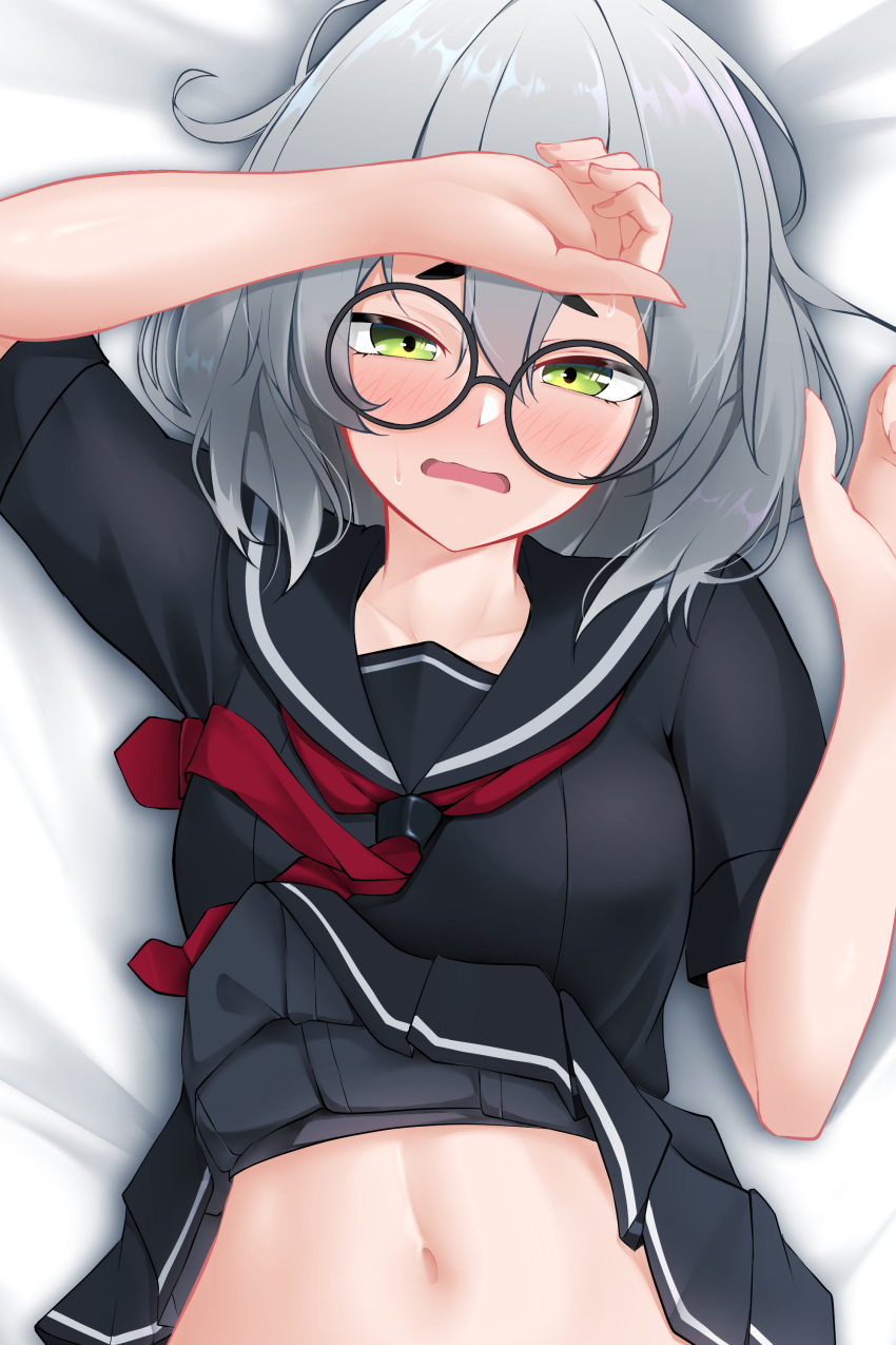 1girl absurdres arms_up bed_sheet black-framed_eyewear black_serafuku black_shirt black_skirt blush breasts clothes_lift collarbone commentary dakimakura_(medium) glasses green_eyes grey_hair hair_between_eyes highres looking_at_viewer lying navel neckerchief on_back on_bed open_mouth original out-of-frame_censoring pleated_skirt red_neckerchief sailor_collar school_uniform serafuku shirt short_eyebrows short_hair short_sleeves skirt small_breasts solo stomach thick_eyebrows upper_body z.taiga