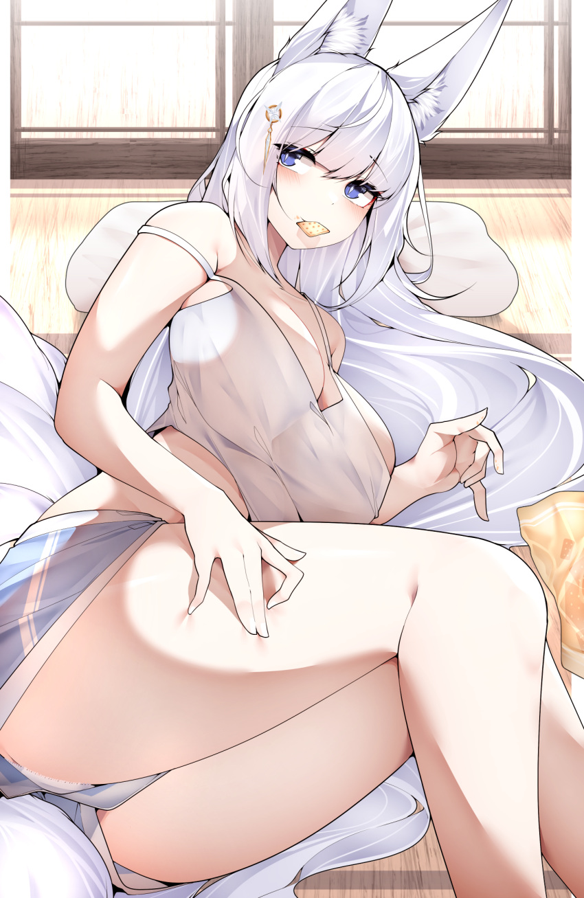 1girl animal_ear_fluff animal_ears azur_lane bare_legs blue_eyes blue_shorts breasts cleavage cracker dated_commentary food food_in_mouth fox_ears fox_tail hair_ornament highres large_breasts long_hair lying on_side pillow samip shinano_(azur_lane) short_shorts shorts sideways_glance solo strap_slip tail tank_top tatami thighs very_long_hair white_hair white_tank_top window