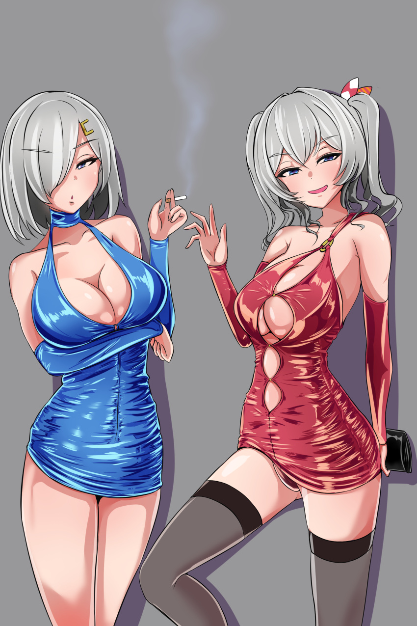 2girls absurdres alternate_costume black_thighhighs blue_dress blue_eyes blue_sleeves bodycon cigarette clothing_cutout detached_sleeves dress grey_background hair_ornament hair_over_one_eye hairclip hamakaze_(kancolle) highres holding holding_cigarette kantai_collection kashima_(kancolle) long_hair looking_at_viewer monte_(koupin) multiple_girls red_dress red_sleeves short_dress short_hair sidelocks smoke smoking standing thighhighs twintails