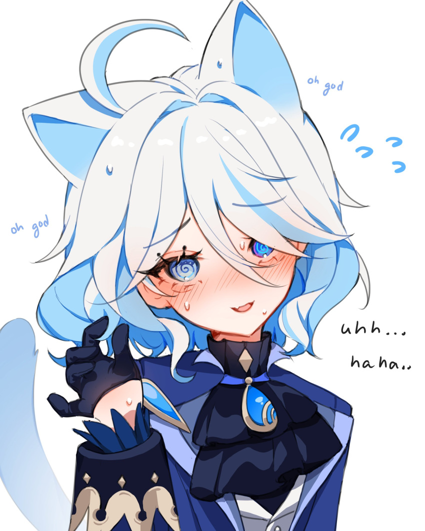 1girl absurdres ahoge animal_ears ascot black_gloves blue_gemstone blue_hair blue_jacket brooch cat_ears cat_girl cat_tail drop-shaped_pupils furina_(genshin_impact) gem genshin_impact gloves hair_between_eyes highres jacket jewelry li_nauu light_blue_hair long_hair long_sleeves looking_at_viewer mismatched_pupils multicolored_hair open_mouth smile solo tail white_hair