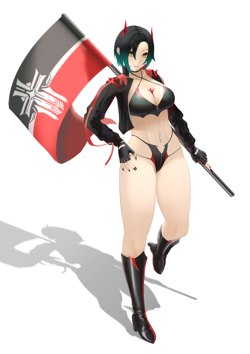 1girl absurdres alternate_costume azur_lane bikini black_bikini black_footwear black_gloves black_hair black_jacket black_nails boots breasts cleavage cropped_jacket cross cross_piercing fingerless_gloves flag full_body gloves highres holding holding_flag horns iron_cross jacket khanld193 large_breasts long_sleeves looking_at_viewer mechanical_horns navel_piercing piercing race_queen red_horns shadow short_hair simple_background solo swimsuit ulrich_von_hutten_(azur_lane) white_background