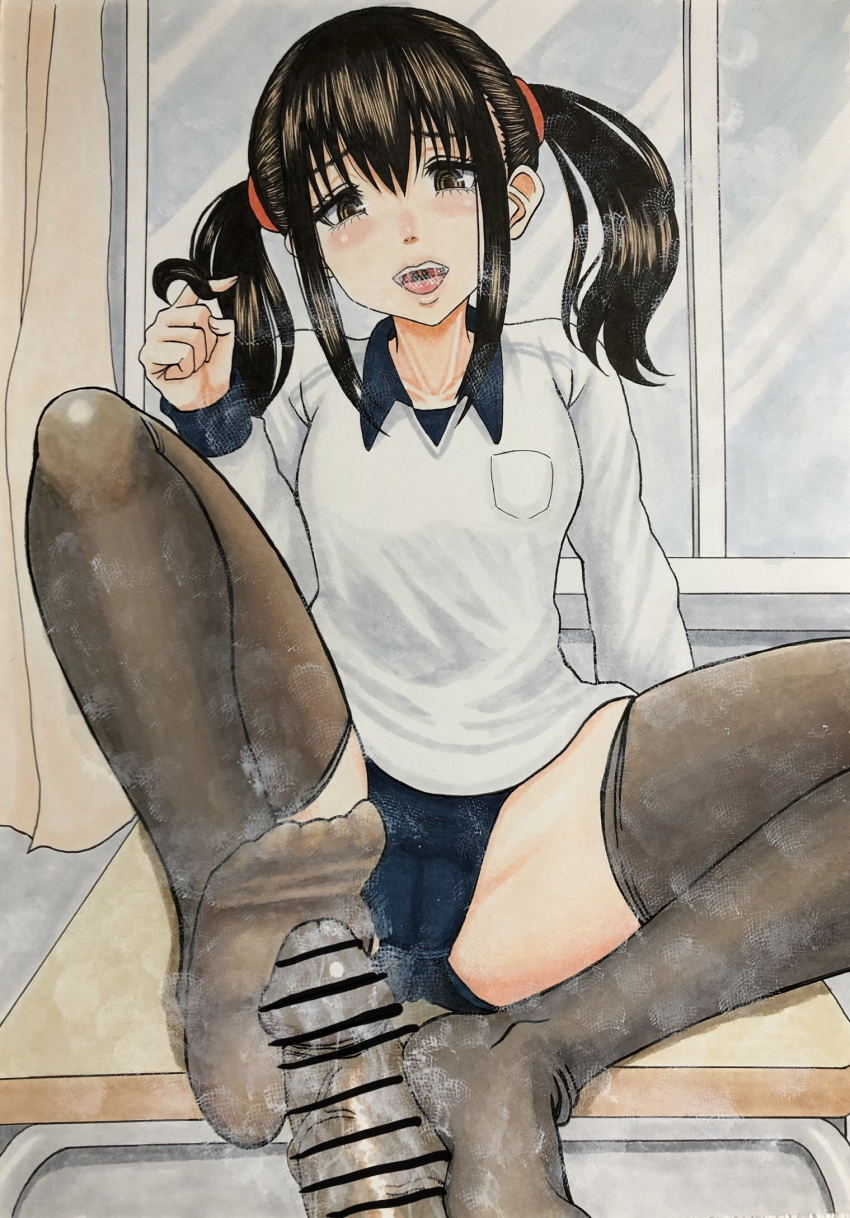 footjob gym_uniform hair_twirling highres kiri-ste original saliva saliva_trail shears thighhighs transparent_footwear yellow_eyes