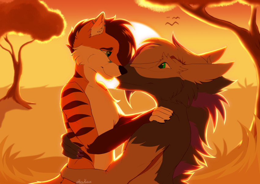 absurd_res anthro blue_eyes brown_body brown_fur canid canine chest_tuft detailed_background duo ear_tuft embrace faux_grey fox fur green_eyes hands_on_shoulders hi_res holding_partner krowkaws looking_at_another looking_at_partner male male/male mammal markings nanakifoxx orange_body orange_fur purple_body purple_fur romantic romantic_couple savanna sergal striped_markings stripes touching_noses tuft
