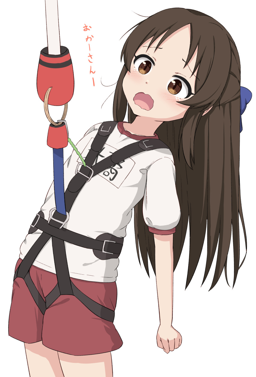 1girl blue_bow blush bow brown_eyes brown_hair bungee_jumping commentary_request forehead gym_shirt gym_shorts gym_uniform hair_bow highres idolmaster idolmaster_cinderella_girls idolmaster_cinderella_girls_u149 long_hair name_tag open_mouth parted_bangs puffy_short_sleeves puffy_sleeves red_shorts shirt short_shorts short_sleeves shorts simple_background solo tachibana_arisu takasuma_hiro tears translation_request very_long_hair wavy_mouth white_background white_shirt