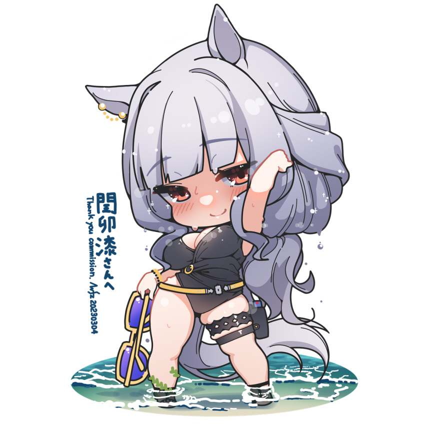 1girl animal_ears arm_up bangs bead_bracelet beads belt black_one-piece_swimsuit blunt_bangs blush bracelet breasts chibi closed_mouth commentary commission english_text engrish_text full_body gold_ship_(run_revolt_launcher)_(umamusume) gold_ship_(umamusume) grey_hair highleg highleg_swimsuit highres horse_ears horse_girl horse_tail jewelry large_breasts long_hair looking_at_viewer official_alternate_costume one-piece_swimsuit oversized_object ranguage seaweed simple_background skeb_commission skindentation solo sunglasses swimsuit tail thigh_pouch thigh_strap thighs umamusume very_long_hair wading warashi water white_background yellow-framed_eyewear