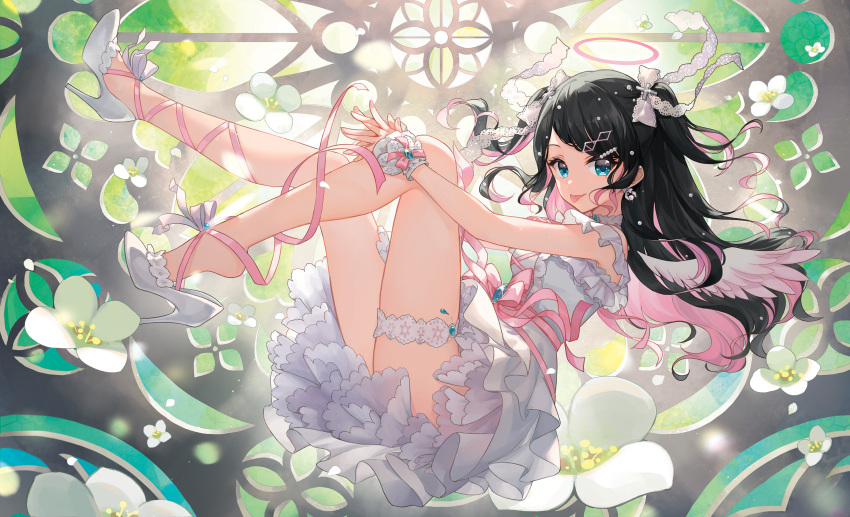 1girl angel_wings aqua_eyes aqua_gemstone black_hair colored_inner_hair commentary cross-laced_clothes cross-laced_dress cross_hair_ornament dress flower frilled_cuffs frilled_dress frills glint hair_ornament hairclip halo highres jewelry kaga_nazuna layered_dress leg_ribbon looking_at_viewer lupinus_virtual_games multicolored_hair pendant pink_hair ribbon sash_bow shine_cheese sidelocks solo swept_bangs thigh_strap tongue tongue_out twintails vspo! white_dress white_flower wings wrist_cuffs