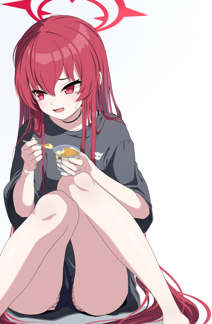 1girl absurdres ahoge black_choker black_shirt blue_archive blue_background choker food gradient_background halo highres holding holding_food kokolokokomika legs long_hair looking_to_the_side open_mouth panties pudding rabu_(blue_archive) red_eyes red_hair red_halo sharp_teeth shirt sitting slit_pupils solo striped striped_panties t-shirt teeth thighs underwear