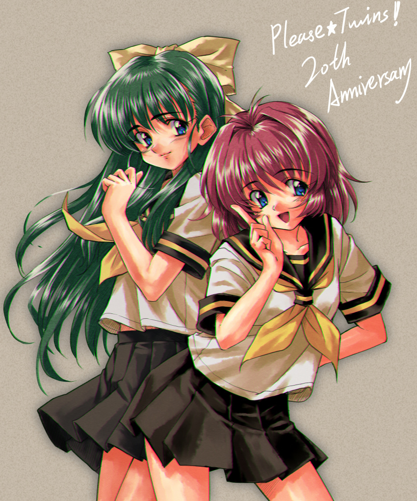 2girls absurdres anniversary antenna_hair black_sailor_collar black_skirt blue_eyes bow green_hair hair_bow hair_intakes highres long_hair longmei_er_de_tuzi miniskirt miyafuji_miina multiple_girls neckerchief onegai_twins onodera_karen pleated_skirt red_hair sailor_collar school_uniform serafuku short_sleeves skirt very_long_hair yellow_bow yellow_neckerchief