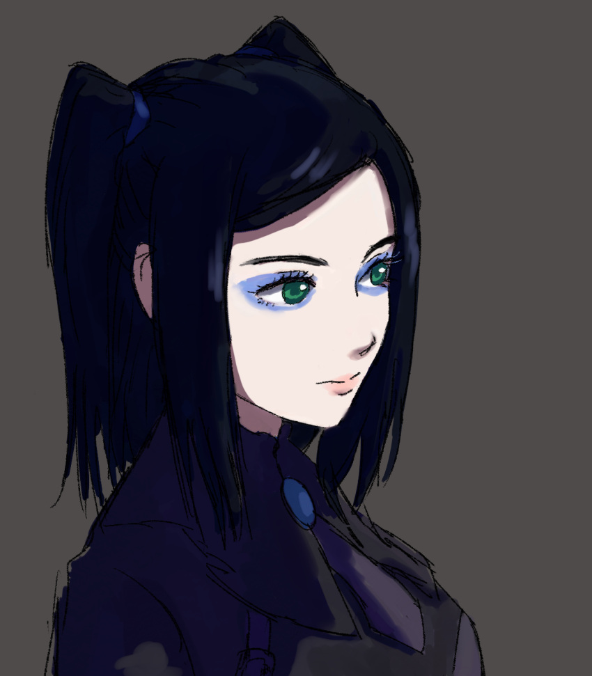 1girl aqua_eyes black_hair blue_eyeshadow closed_mouth english_commentary ergo_proxy eyelashes eyeshadow grey_background highres makeup medium_hair necktie pink_lips purple_necktie re-l_mayer short_necktie simple_background solo two_side_up upper_body zawabug