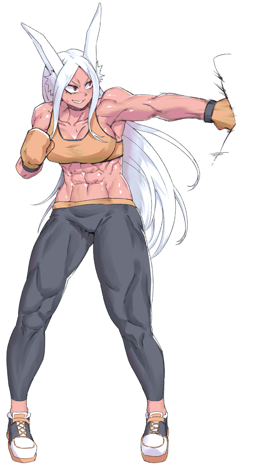 1girl abs absurdres animal_ears armpits bare_shoulders black_pants boku_no_hero_academia boxing_gloves breasts collarbone dark-skinned_female dark_skin full_body gloves hand_up highres large_breasts long_hair looking_to_the_side midriff minew mirko muscular muscular_female navel obliques pants parted_bangs punching punching_bag rabbit_ears rabbit_girl red_eyes shoes smile sneakers solo sports_bra stomach sweat thighs v-shaped_eyebrows very_long_hair white_background white_hair yellow_gloves yellow_sports_bra yoga_pants