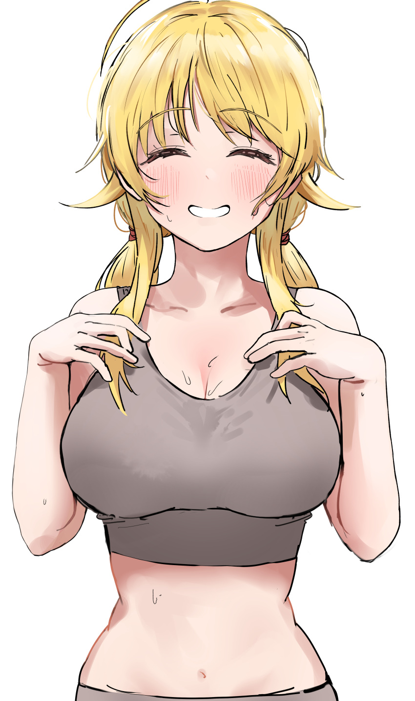 1girl ^_^ absurdres ahoge blonde_hair blush breasts cleavage closed_eyes collarbone facing_viewer grey_sports_bra hachimiya_meguru highres idolmaster idolmaster_shiny_colors korean_commentary large_breasts navel pdal_(pdalhhh) simple_background smile solo sports_bra stomach twintails upper_body white_background