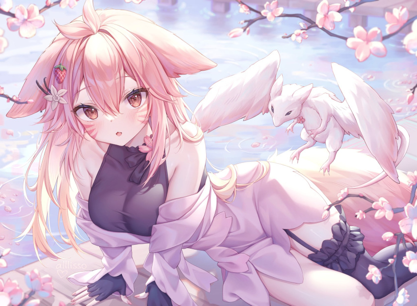 1girl alllisso animal_ears antenna_hair arm_support bare_shoulders black_shirt black_thighhighs breasts brown_eyes cherry_blossoms commentary commission dress facial_mark food-themed_hair_ornament fox_ears fox_tail grey_dress hair_between_eyes hair_ornament highres long_hair looking_at_viewer medium_breasts off_shoulder original parted_lips pink_hair shirt single_thighhigh sleeveless sleeveless_shirt solo strawberry_hair_ornament tail thighhighs thighs water whisker_markings