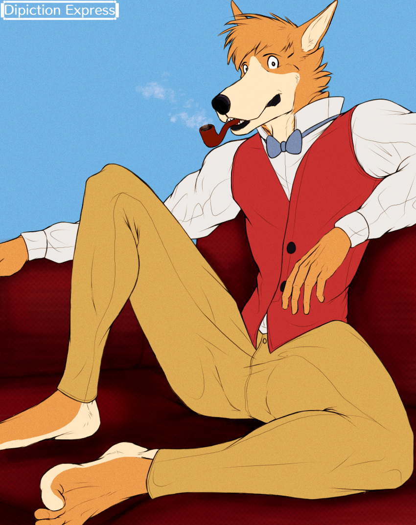 anthro barefoot bottomwear bow_tie canid canine canis clothing collared_shirt depictionexpress domestic_dog dress_shirt feet formal_clothing fur furniture hi_res looking_at_viewer male mammal orange_body orange_fur pants perspective relaxing sherlock_hound shirt shoes_removed simple_background smoke smoking smoking_pipe sofa solo spread_legs spreading suit tan_body tan_fur toe_curl toes topwear
