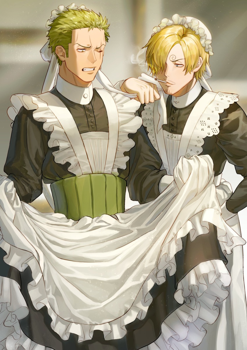 2boys absurdres alternate_costume apron arm_on_shoulder black_dress blonde_hair blue_eyes blurry blurry_background cigarette clenched_teeth crossdressing dress earrings enmaided facial_hair frilled_apron frills green_hair hair_over_one_eye hat highres jewelry maid male_focus mob_cap multiple_boys one_eye_closed one_piece poipoisky72 roronoa_zoro sanji_(one_piece) scar scar_across_eye short_hair smoking teeth v-shaped_eyebrows