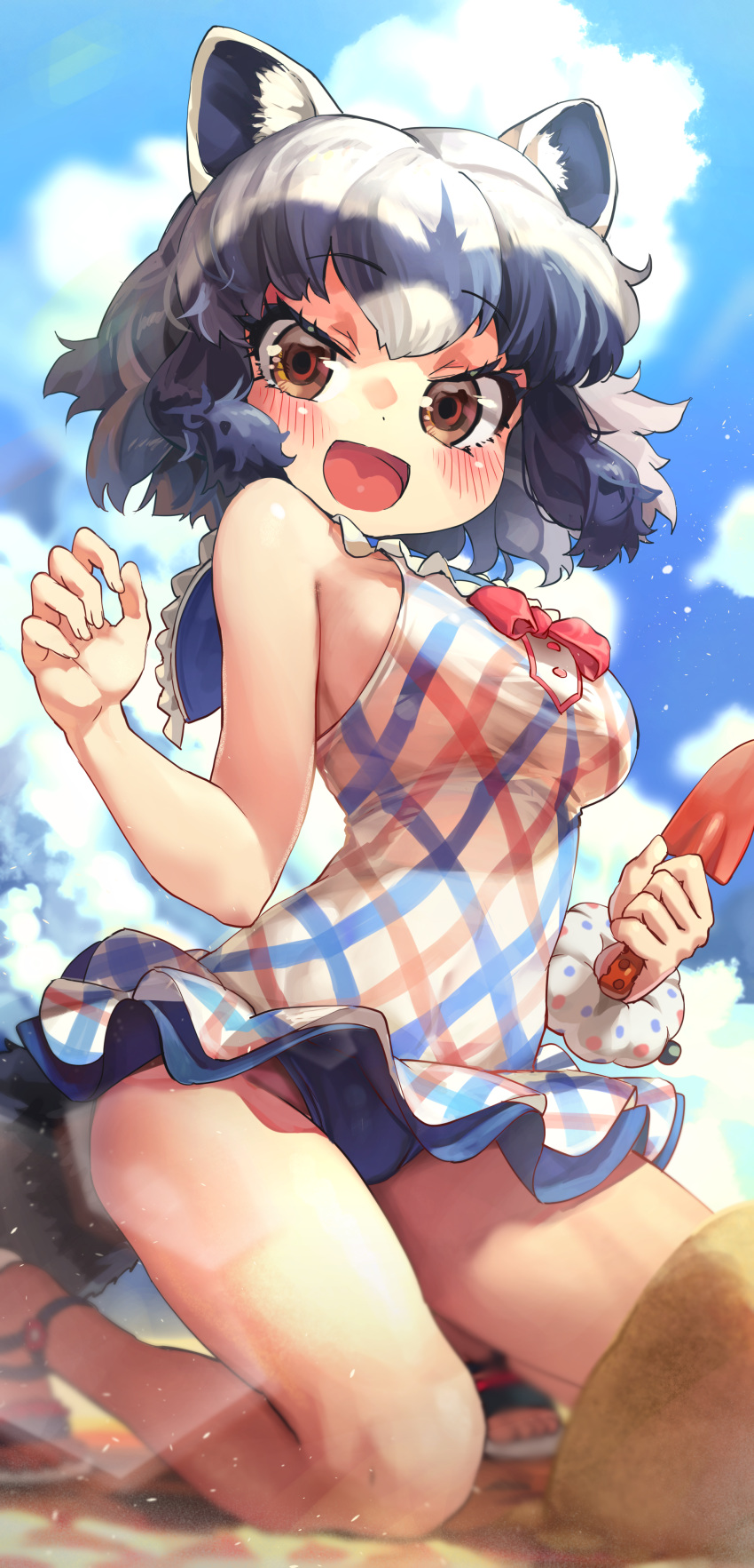1girl :d absurdres animal_ears bare_arms bare_legs bare_shoulders beach blue_hair blue_sky blush breasts brown_eyes cloud commentary common_raccoon_(kemono_friends) day hairband highres kemono_friends kneeling looking_at_viewer medium_breasts melaton multicolored_hair one-piece_swimsuit outdoors raccoon_ears raccoon_girl raccoon_tail sand sandals short_hair sky smile solo swimsuit tail trowel two-tone_hair white_hairband
