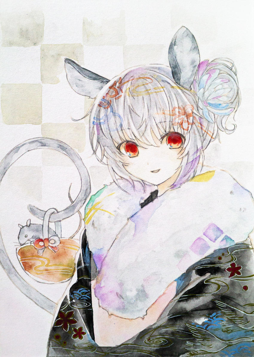 1girl animal_ears basket chinese_zodiac flower hair_flower hair_ornament happy_new_year highres ikeda_ruriko medium_hair mouse mouse_ears mouse_girl mouse_tail nazrin painting_(medium) purple_flower smile solo tail tile_background touhou traditional_media watercolor_(medium) year_of_the_rat