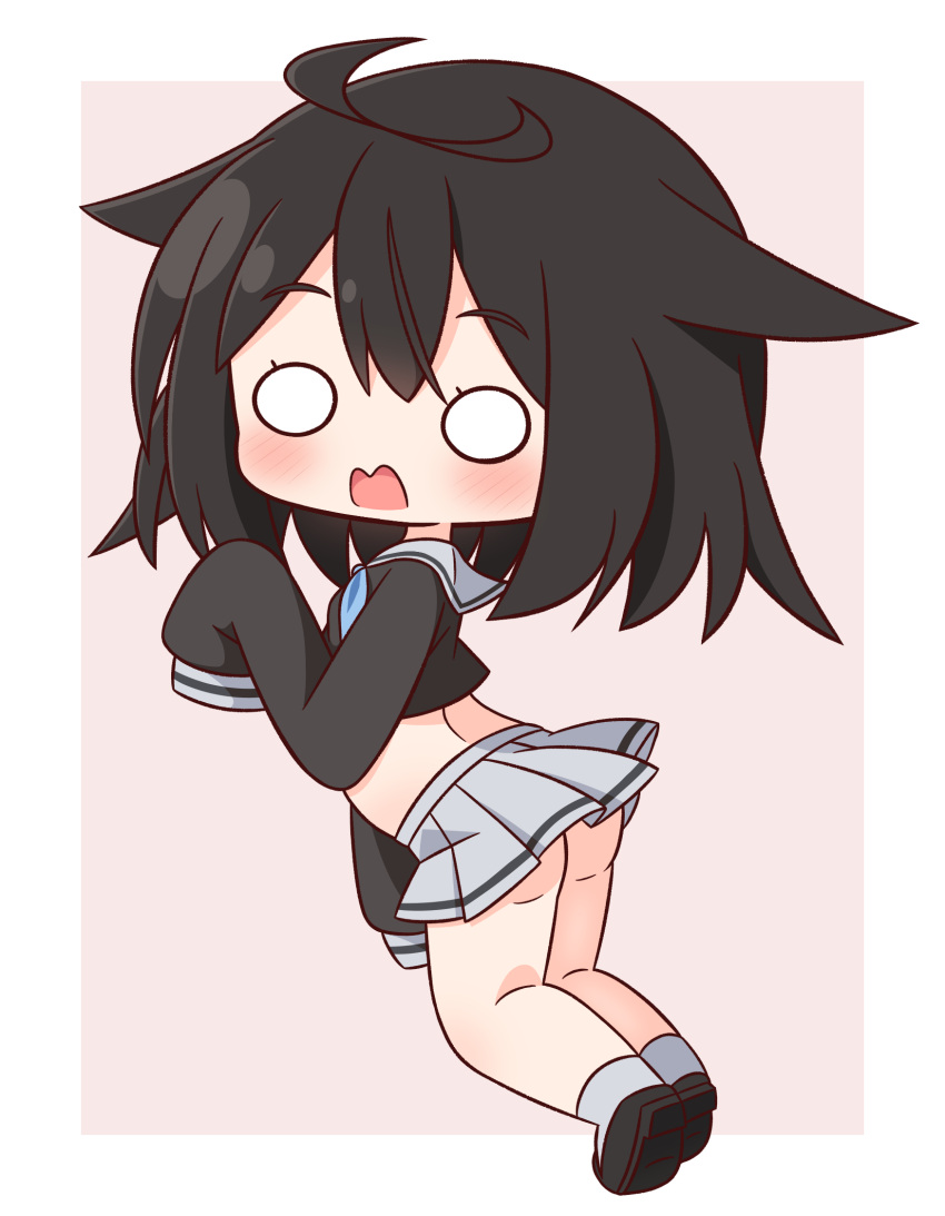 1girl black_footwear black_hair black_shirt blue_neckerchief blush chibi crop_top from_side full_body grey_sailor_collar grey_skirt grey_socks hair_between_eyes hana_kazari highres long_sleeves looking_at_viewer looking_to_the_side midriff neckerchief o_o open_mouth original pink_background pleated_skirt puffy_long_sleeves puffy_sleeves sailor_collar school_uniform serafuku shirt shoe_soles shoes skirt sleeves_past_fingers sleeves_past_wrists socks solo two-tone_background wavy_mouth white_background