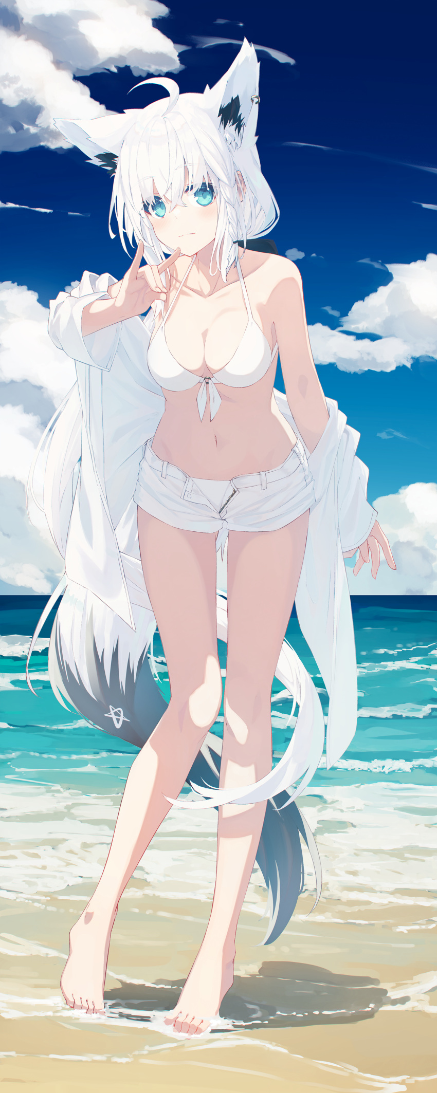 1girl absurdres ahoge animal_ears barefoot beach bikini blue_eyes blue_sky breasts cleavage closed_mouth cloud commentary_request day extra_ears feet fox_ears fox_girl fox_shadow_puppet fox_tail full_body highres hololive knees_together_feet_apart legs long_hair looking_at_viewer medium_breasts nagishiro_mito ocean open_fly outdoors pentagram shirakami_fubuki shorts sky solo standing swimsuit tail toes virtual_youtuber white_bikini white_hair white_shorts