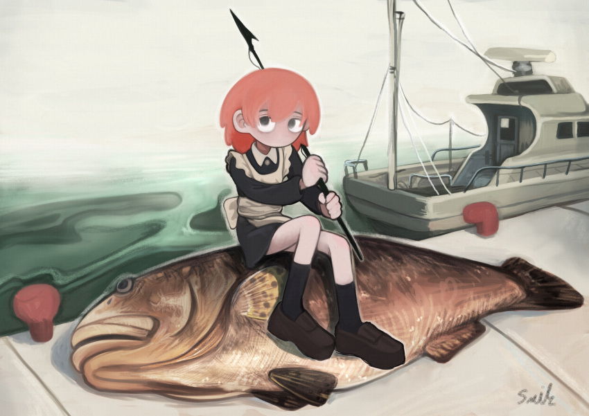 1girl absurdres animal apron black_dress black_socks boat collared_dress commentary_request dead_animal dress fish full_body grey_eyes harpoon highres holding holding_weapon kneehighs lalah_7th loafers long_hair long_sleeves looking_at_viewer maid_apron no_mouth ocean orange_hair original over_shoulder oversized_animal pier sanpaku shoes shore short_dress signature sitting_on_animal socks solo surreal two-handed watercraft weapon weapon_over_shoulder white_background