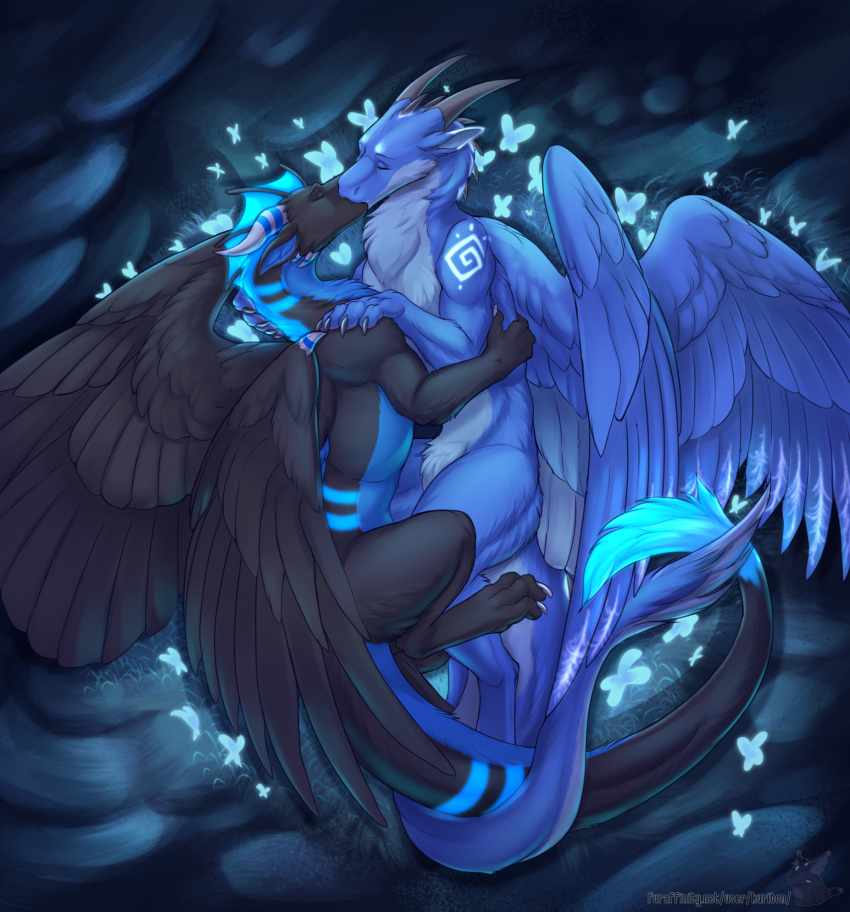 ambiguous_gender black_body black_feathers black_wings blue_body blue_feathers blue_fur blue_tail blue_wings claws cuddling dragon duo feathered_wings feathers feral fur furred_dragon grey_claws grey_horn hi_res horn kuribon tail white_horn wings zephyr_the_drake