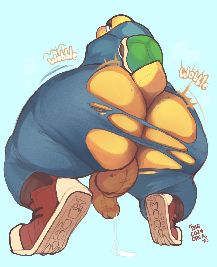anthro balls bandage_on_nose big_butt bigcozyorca bodily_fluids bottomwear butt clothed clothing cum cum_drip dripping footwear genital_fluids genitals hi_res huge_butt humanoid_genitalia humanoid_penis kneeling koopa koopa_troopa koops looking_back low-angle_view male mario_bros nintendo pants paper_mario penis rear_view scales scalie shell shoes sneakers solo thick_thighs torn_bottomwear torn_clothing torn_pants yellow_body yellow_scales