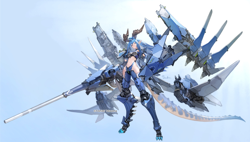 1girl absurdres armored_gloves armored_legwear blue_hair blue_headwear breasts crotch_plate highres horns long_hair long_pointy_ears machinery mecha_musume navel original pointy_ears rigging sidelocks small_breasts tail takayama_toshiaki