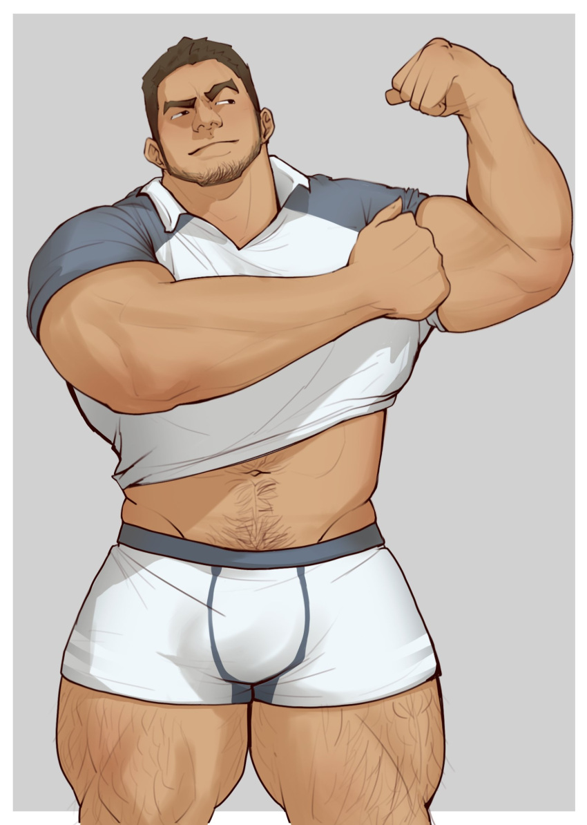 1boy bara beard_stubble biceps boxers bulge feet_out_of_frame flexing highres lifted_by_self male_focus male_underwear mature_male midriff_peek muscular muscular_male navel navel_hair original short_hair solo standing strongman_waist thick_eyebrows thick_thighs thighs underwear weisun_(leoooliooon) white_male_underwear