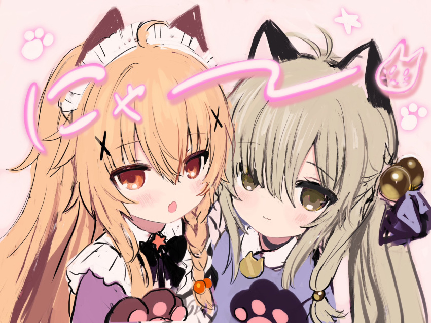 2girls :3 :o animal_ears antenna_hair black_bow black_gloves blonde_hair blush bow braid brown_eyes brown_gloves brown_hair cat_ears closed_mouth collared_shirt commentary_request fang flower_knight_girl gloves hair_between_eyes hair_bobbles hair_ornament hand_up highres koonitabirako_(flower_knight_girl) kuko_(flower_knight_girl) long_hair multiple_girls open_mouth orange_eyes pink_background puffy_sleeves purple_shirt shiodome_oji shirt simple_background single_braid sketch star_(symbol) upper_body x_hair_ornament