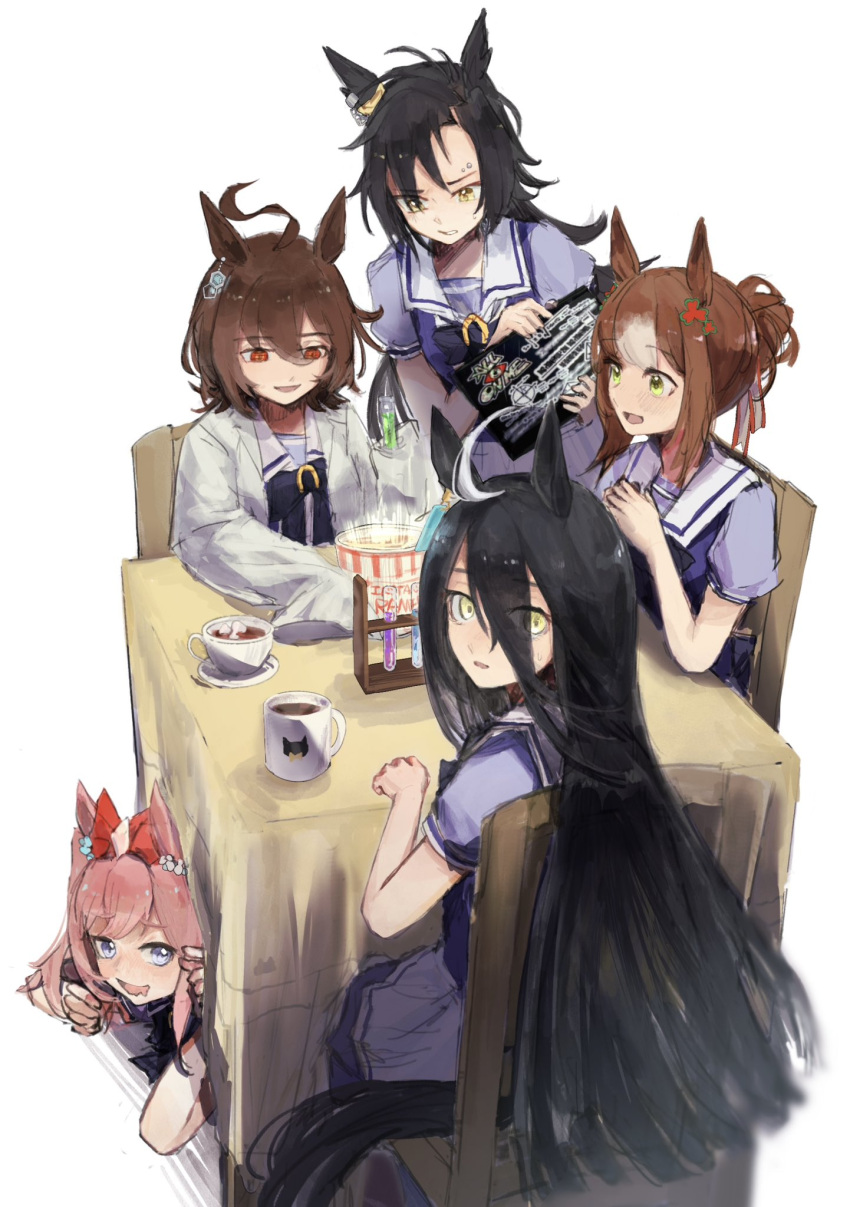 5girls agnes_digital_(umamusume) agnes_tachyon_(umamusume) ahoge air_shakur_(umamusume) animal_ears az_(azkin_g) black_hair blue_eyes bow bowl bowtie brown_hair chair clover_hair_ornament cup drooling earrings eyebrow_piercing fine_motion_(umamusume) food green_eyes hair_between_eyes hair_bow hair_bun hair_ornament highres holding holding_laptop holding_test_tube horse_ears horse_girl horse_tail jewelry lab_coat long_hair looking_at_viewer manhattan_cafe_(umamusume) mouth_drool multiple_girls noodles open_mouth piercing pink_hair purple_shirt ramen sailor_collar saucer school_uniform shirt short_hair short_sleeves simple_background single_earring sitting skirt sleeves_past_fingers sleeves_past_wrists smile sweatdrop tail test_tube test_tube_rack tracen_school_uniform umamusume under_table white_background white_skirt yellow_eyes