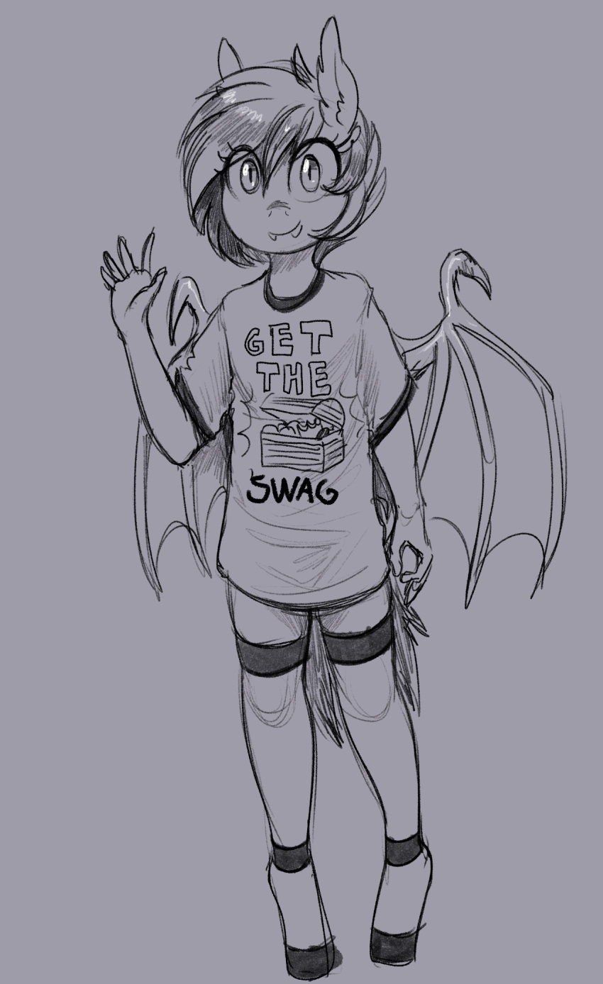 anthro bat_pony circle_game clothing equid fan_character fangs footwear gesture hasbro hi_res mammal membrane_(anatomy) membranous_wings monochrome my_little_pony nolegs_(oc) pupils replica_(artist) shirt slit_pupils socks t-shirt teeth topwear waving wings