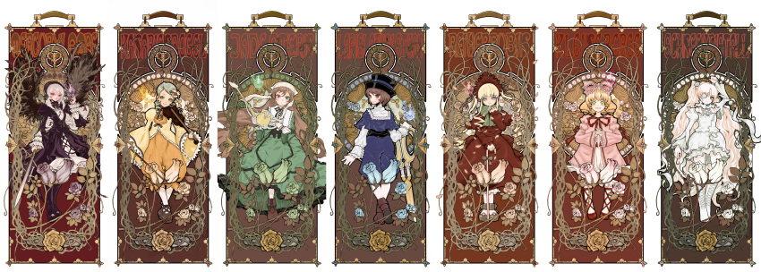 6+girls absurdres art_nouveau black_flower black_rose blonde_hair blue_eyes blue_shirt blue_shorts blush bonnet boots bow brown_eyes brown_footwear brown_hair cane commentary_request crossed_ankles doll_joints dress drill_hair eyepatch feathers flower frills fujinozu full_body german_text green_dress green_eyes green_flower green_hair green_rose hair_ornament hairband hat head_scarf heterochromia highres hinaichigo holding instrument joints kanaria kirakishou lolita_fashion long_hair long_sleeves looking_at_viewer looking_back multiple_girls pink_bow pink_hair plant porkpie_hat red_eyes rosa_mystica rose rozen_maiden scissors shinku shirt short_hair shorts smile souseiseki suigintou suiseiseki suitcase sword thigh_boots thighhighs thorns very_long_hair vines violin watering_can weapon white_flower white_hair white_rose wings yellow_eyes yellow_flower yellow_rose