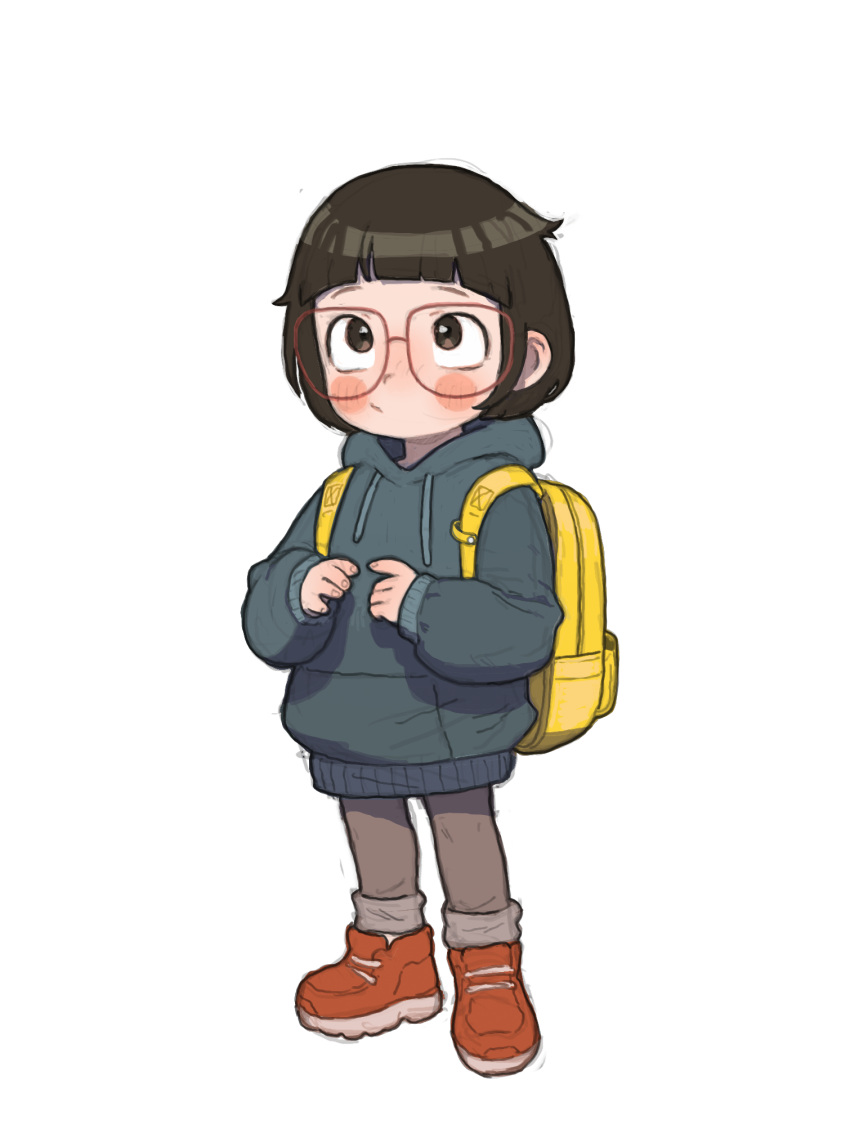 1girl bag black_hair brown_eyes chibi child glasses grey_pants highres opossumachine pants red-framed_eyewear red_footwear school_bag short_hair simple_background standing we_bare_bears white_background