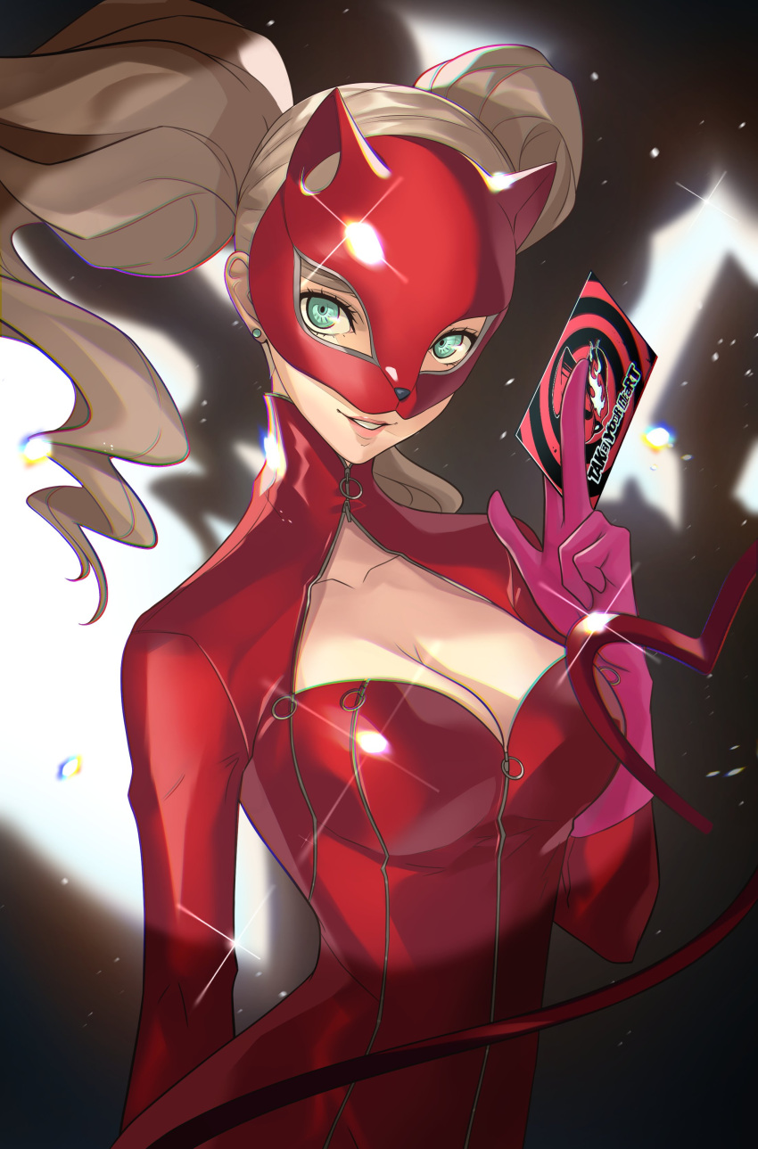 1girl absurdres blonde_hair blue_eyes bodysuit breasts calling_card card cat_tail cleavage cleavage_cutout clothing_cutout collarbone commentary earrings floating_hair gloves grin highres holding holding_card jewelry large_breasts lips long_hair long_sleeves looking_at_viewer mask masked persona persona_5 pink_gloves pink_lips red_bodysuit red_mask smile solo tail takamaki_anne twintails wanderstillart