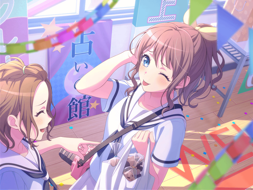 2girls ;p bag bang_dream! bangs_pinned_back blush camera character_request confetti embarrassed food from_above from_side hair_ribbon hanasakigawa_school_uniform hand_on_own_head holding holding_bag indoors laughing looking_at_another multiple_girls neckerchief official_art one_eye_closed pointing pointing_at_another ponytail profile ribbon school_uniform serafuku sign smile streamers third-party_source tongue tongue_out wavy_hair yamabuki_saya
