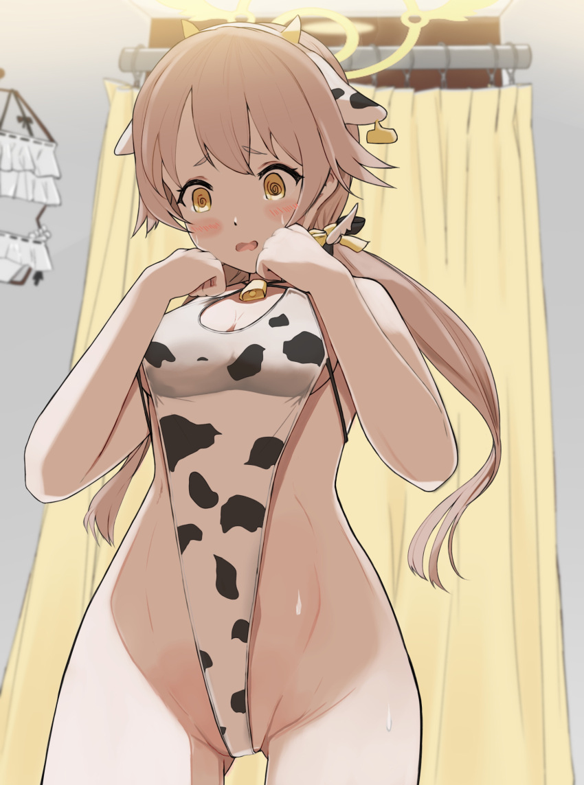 1girl :o @_@ alternate_costume animal_print backlighting bell bikini bizen_kurage blue_archive blurry blush breasts brown_hair cleavage clothes_hanger commentary_request confused cow_print curtains depth_of_field fitting_room frilled_bikini frills from_below groin hair_between_eyes hifumi_(blue_archive) hifumi_(swimsuit)_(blue_archive) highleg highleg_swimsuit highres indoors jingle_bell long_hair looking_at_viewer looking_down low_twintails midriff neck_bell one-piece_swimsuit sidelocks sleeveless solo sweatdrop swimsuit twintails two-tone_swimsuit wavy_mouth wing_hair_ornament yellow_eyes