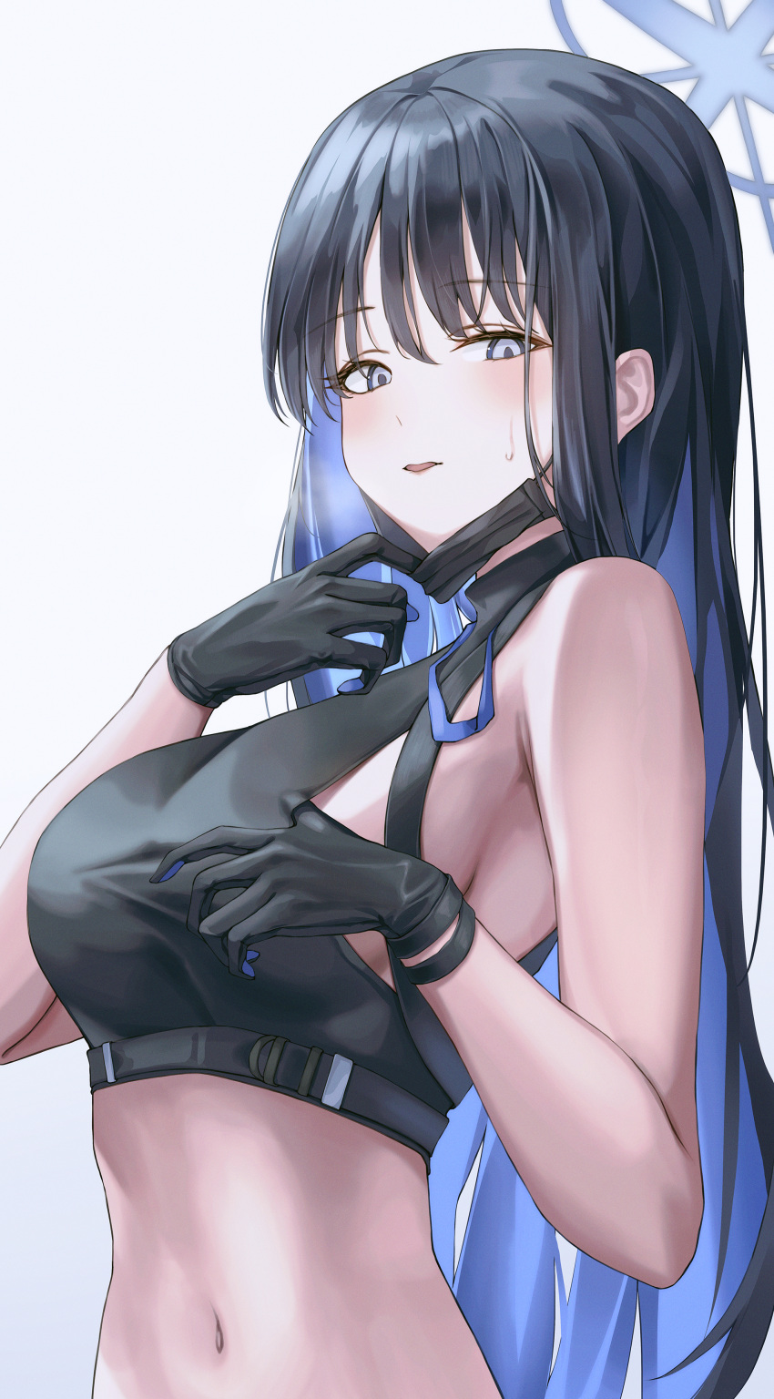 1girl absurdres black_gloves black_hair blue_archive blue_halo breasts crop_top gloves hair_between_eyes halo highres large_breasts light_blush looking_at_viewer mask moda_(mo_da_3) multicolored_hair navel saori_(blue_archive) sideboob simple_background sleeveless solo stomach sweatdrop two-tone_hair upper_body white_background
