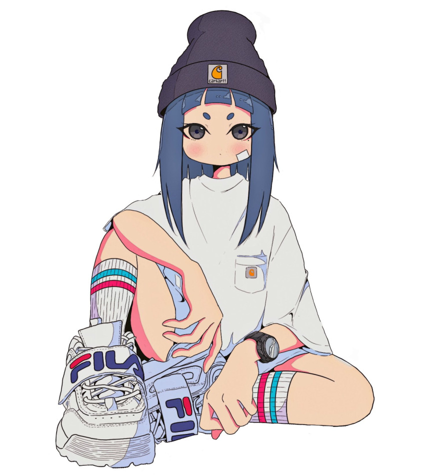 1girl bandaid bandaid_on_cheek bandaid_on_face beanie blue_hair breast_pocket carhartt fila grey_eyes grey_headwear hat highres knee_up light_blush long_hair looking_at_viewer nao97122 original pocket ribbed_socks shirt shoes short_sleeves simple_background sitting sneakers socks solo straight-on straight_hair streetwear t-shirt watch white_background white_footwear white_shirt white_socks wristwatch