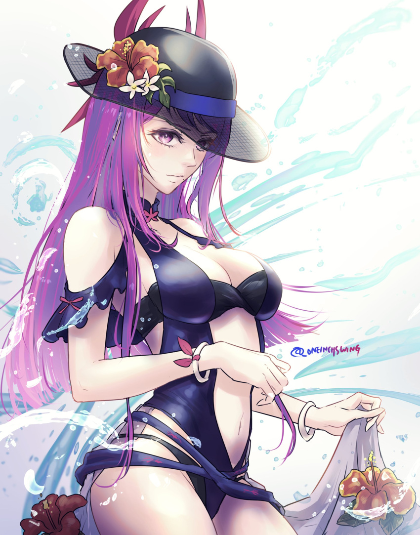 1girl absurdres artist_name bikini black_bikini black_headwear bracelet breasts clothes_lift fire_emblem fire_emblem_engage fire_emblem_heroes flower hat hat_flower hibiscus highres ivy_(fire_emblem) ivy_(summer)_(fire_emblem) jewelry long_hair looking_at_viewer medium_breasts mole mole_under_mouth navel official_alternate_costume purple_eyes purple_hair sarong sarong_lift solo sun_hat swimsuit umi_(_oneinchswing)