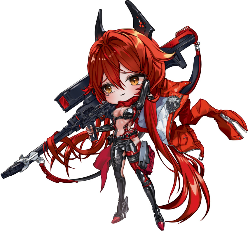 1girl :3 arm_up belt black_belt black_footwear black_gloves black_jacket black_pants boots breasts chibi cleavage commentary cropped_jacket crotch_plate derivative_work disgustingtokki fingerless_gloves full_body gloves goddess_of_victory:_nikke gun hair_between_eyes highres hip_vent holding holding_clothes holding_gun holding_jacket holding_weapon holster horns jacket large_breasts leather leather_jacket leather_pants long_hair long_sleeves looking_to_the_side mechanical_horns navel over_shoulder pants red_hair red_hood_(nikke) red_jacket red_scarf rifle scarf sidelocks sniper_rifle solo standing stomach suspenders thigh_holster transparent_background unworn_jacket unzipped very_long_hair weapon weapon_over_shoulder yellow_eyes