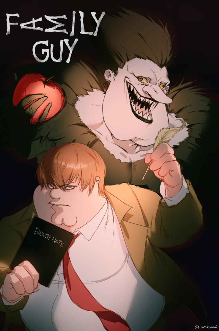2boys absurdres apple black_hair black_lips blazer brown_hair brown_jacket cleft_chin collared_shirt colored_sclera commentary copyright_name cosplay death_note death_note_(object) english_commentary family_guy fat fat_man food fruit glenn_quagmire highres holding holding_food holding_fruit holding_quill jacket kowai_(iamkowai) looking_at_viewer male_focus multiple_boys necktie parody peter_griffin quill red_eyes red_necktie ryuk ryuk_(cosplay) sharp_teeth shinigami shirt short_hair teeth white_shirt yagami_light yagami_light_(cosplay) yellow_sclera