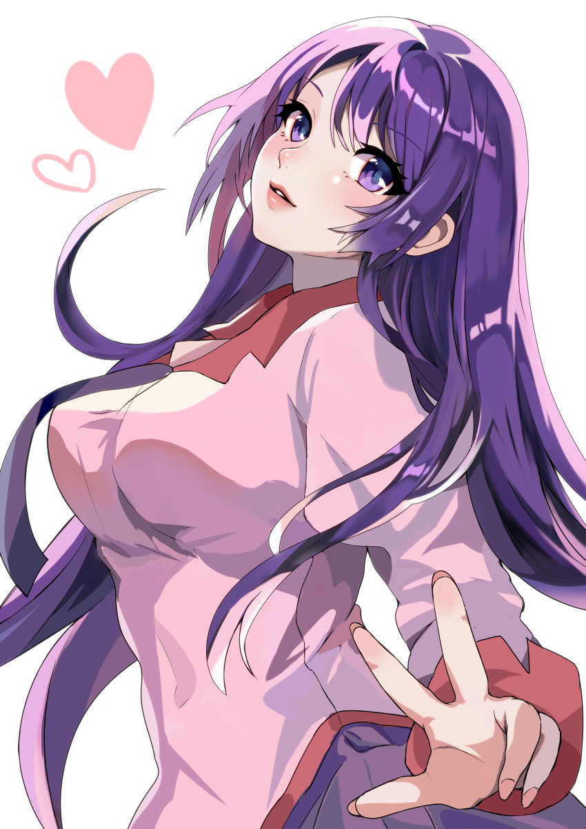 1girl absurdres alternate_eye_color apple_tea_(mellonnicola) bakemonogatari blush breasts eyelashes from_side head_tilt heart highres impossible_clothes impossible_shirt juliet_sleeves large_breasts lips long_hair long_sleeves looking_at_viewer monogatari_(series) naoetsu_high_school_uniform necktie parted_bangs parted_lips pink_shirt pleated_skirt puffy_sleeves purple_eyes purple_hair purple_necktie purple_skirt school_uniform senjougahara_hitagi shadow shirt sidelocks simple_background skirt solo swept_bangs upper_body w white_background